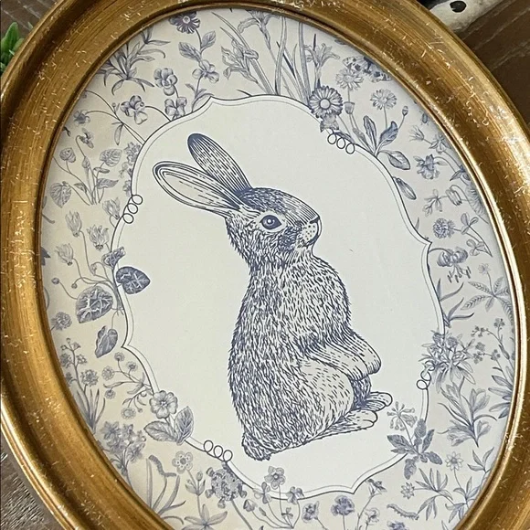 NEW! Vintage Inspired Blue & White French Toile Floral Bunny Rabbit Wall Art - Picture 2 of 6